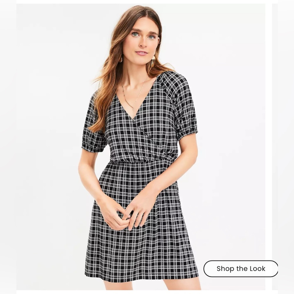 LOFT Black and White Checkered Surplice Dress